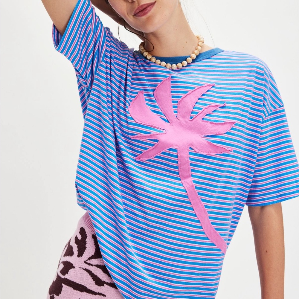 Free People Blue and Pink Striped Tee with Palm Design